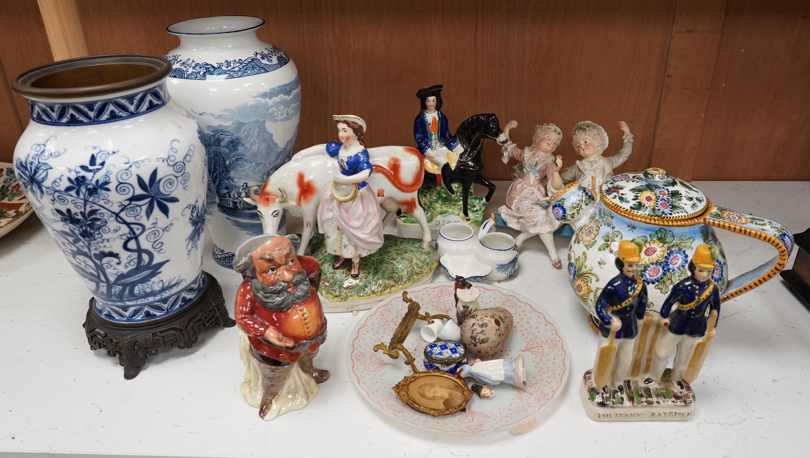 Miscellaneous ceramic ornaments including a continental majolica pot, Staffordshire, etc. Condition - varies